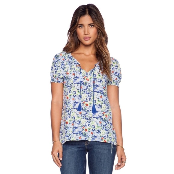 Joie Masha Porcelain & Matisse Floral Print Tassel Split Neck Smocked Top EUC S - Picture 1 of 9